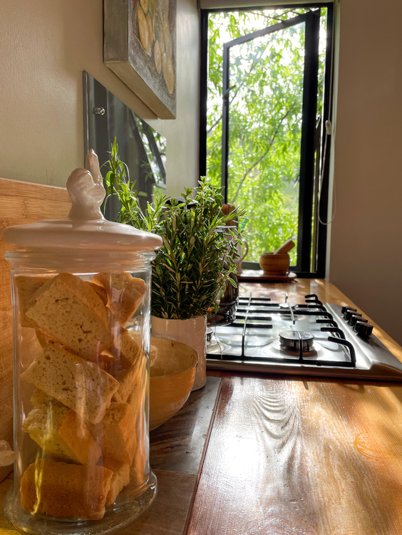 View of the opened kitchen window at the Vlei Chalet